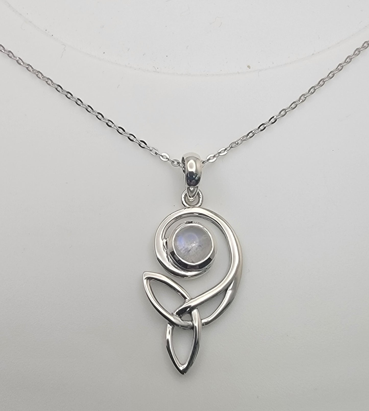 Celtic Swirl Sterling Silver Moonstone Necklace featuring a glowing moonstone set in a swirl design, perfect for intuition and balance.