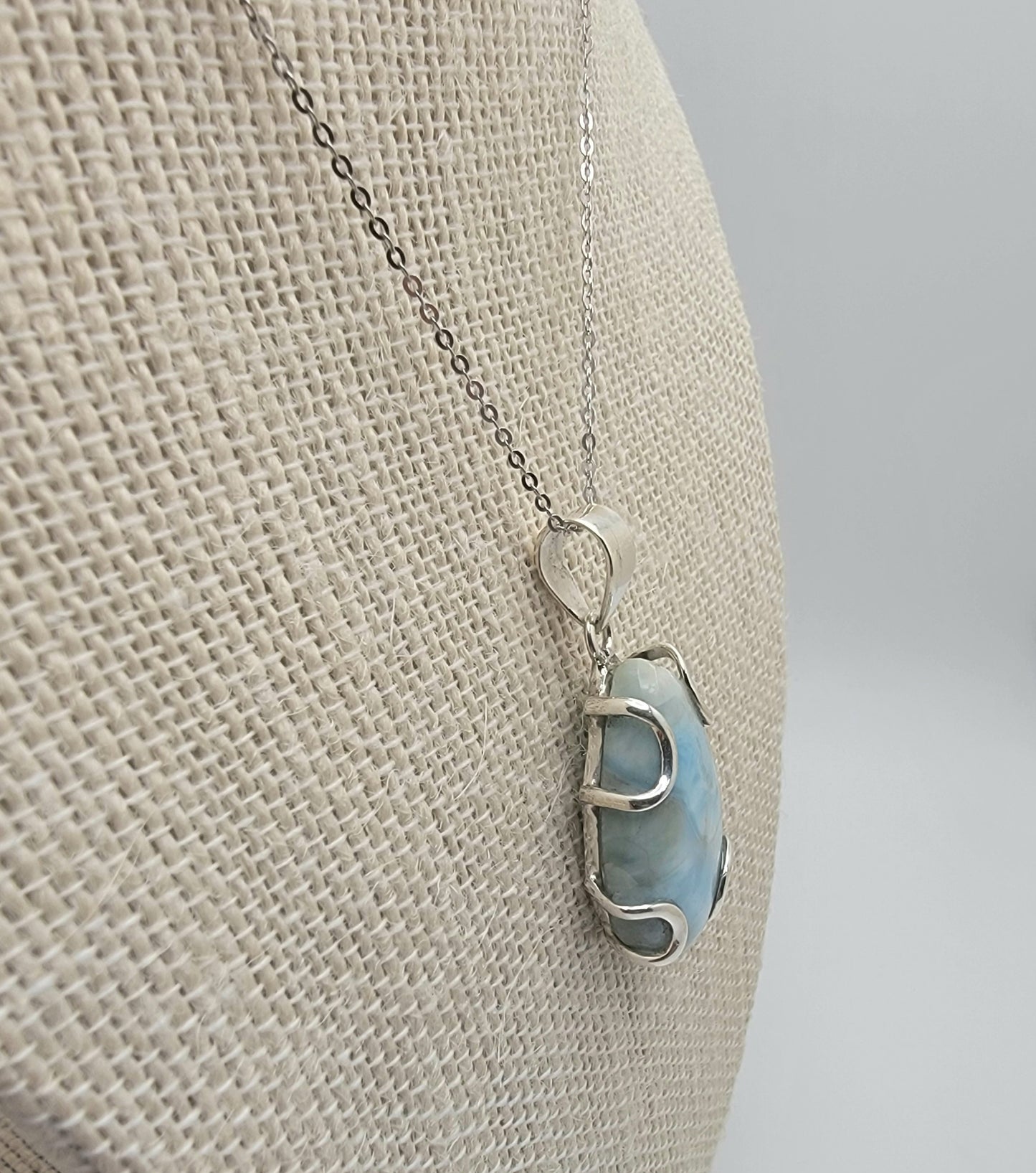 Sterling Silver Larimar Teardrop Pendant (32×20 mm) + 20″ Chain Option