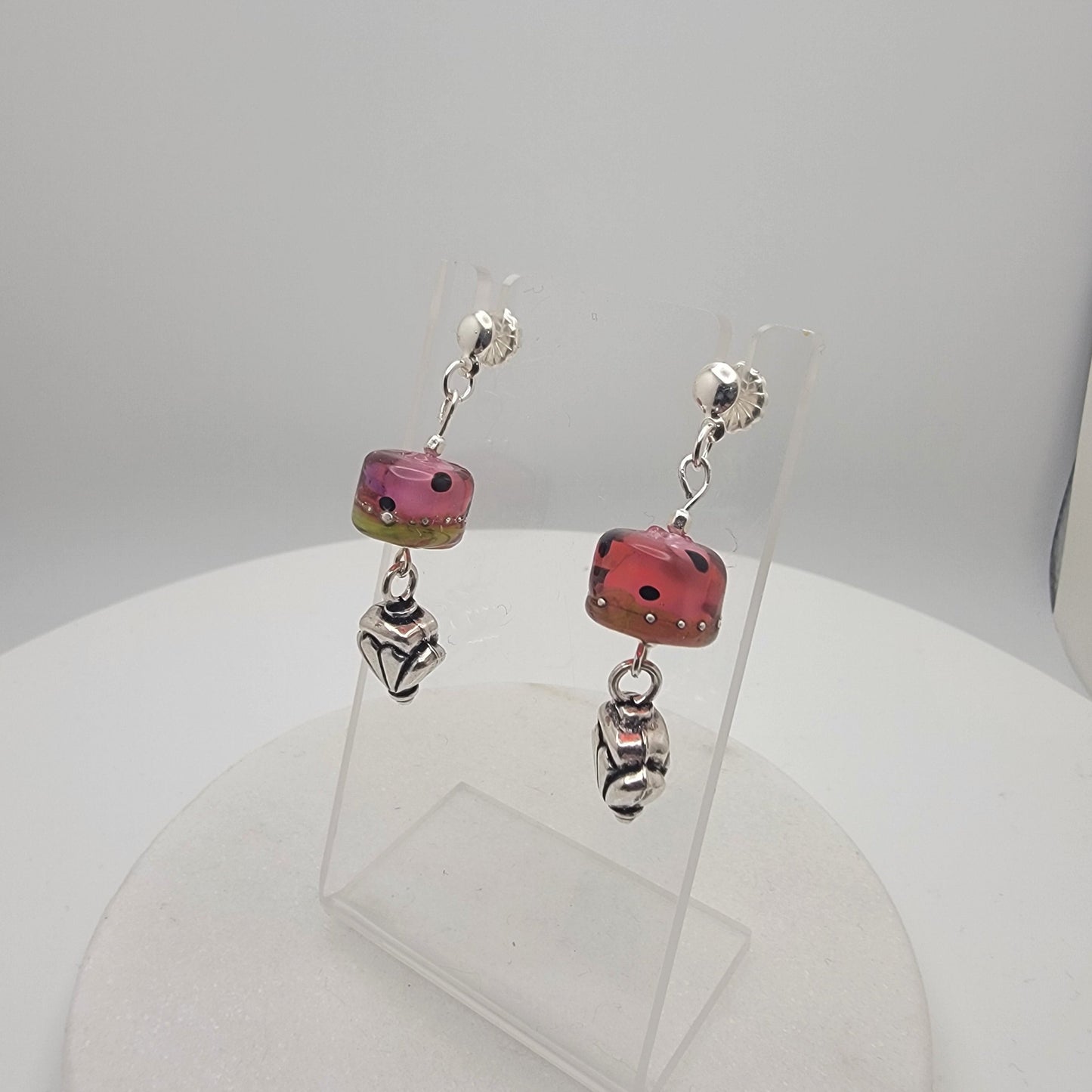 Beautiful Watermelon Lampwork Bead and Silver Earrings