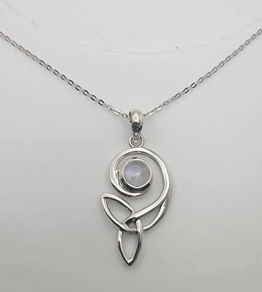 Celtic Swirl Sterling Silver Moonstone Necklace featuring a glowing moonstone set in a swirl design, perfect for intuition and balance.