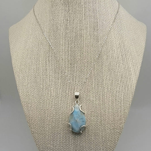 Sterling Silver Larimar Teardrop Pendant (32×20 mm) + 20″ Chain Option