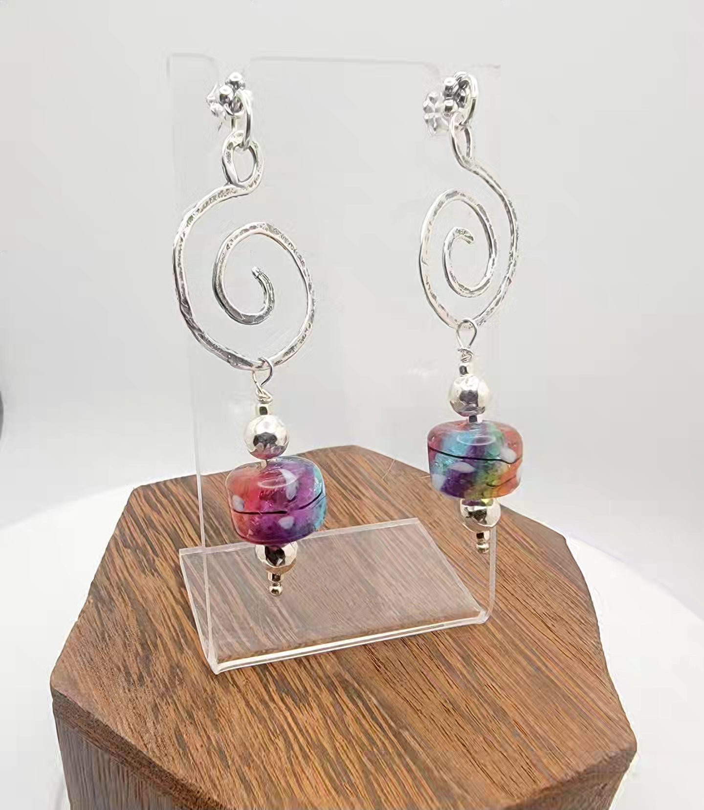 Beautiful Rainbow Lampwork Post Earrings with Silver Swirl Detail and Silver Beads